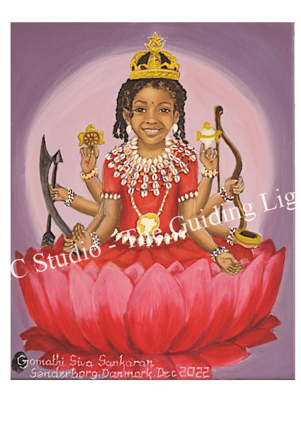 Learn to oil paint Dhairya Lakshmi from scratch Attract abundance with Dhairya Lakshmi is a 40x50 cm oil on canvas painting showing Dhairya lakshmi in the form of a little girl from the Middle East.