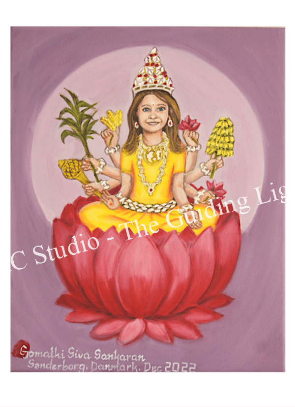 Attract abundance with Dhanya Lakshmi is a 40x50 cm oil on canvas painting showing Dhanya lakshmi in the form of a little girl from Denmark. Learn to oil paint Dhanya lakshmi from scratch