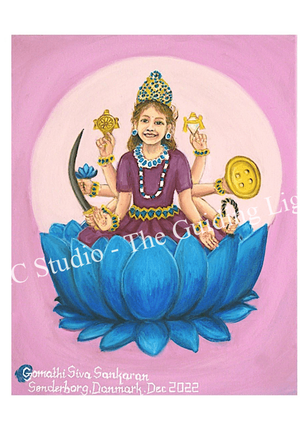 Attract abundance with Vijaya Lakshmi is a 40x50 cm oil on canvas painting showing Vijaya lakshmi in the form of a little girl from America. Learn to oil paint Vijaya lakshmi from scratch.